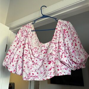 Women's Pink & White Puff-Sleeve Crop Top